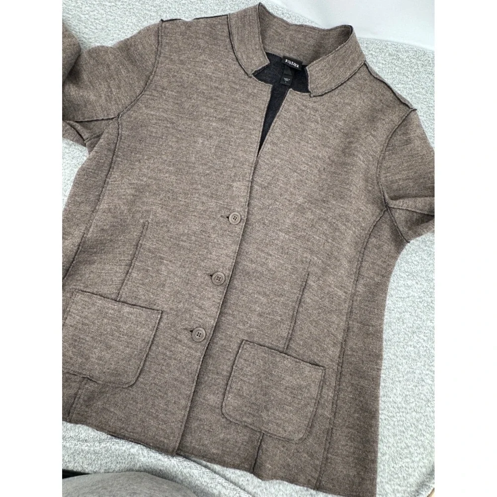 Eileen Fisher Merino Wool Jacket Brown Stand Collar Front Pockets Size Large